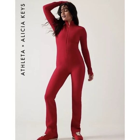 Athleta x Alicia Keys Red Ribbed Goddess Jumpsuit L PowerVita Fabric - Picture 2 of 12